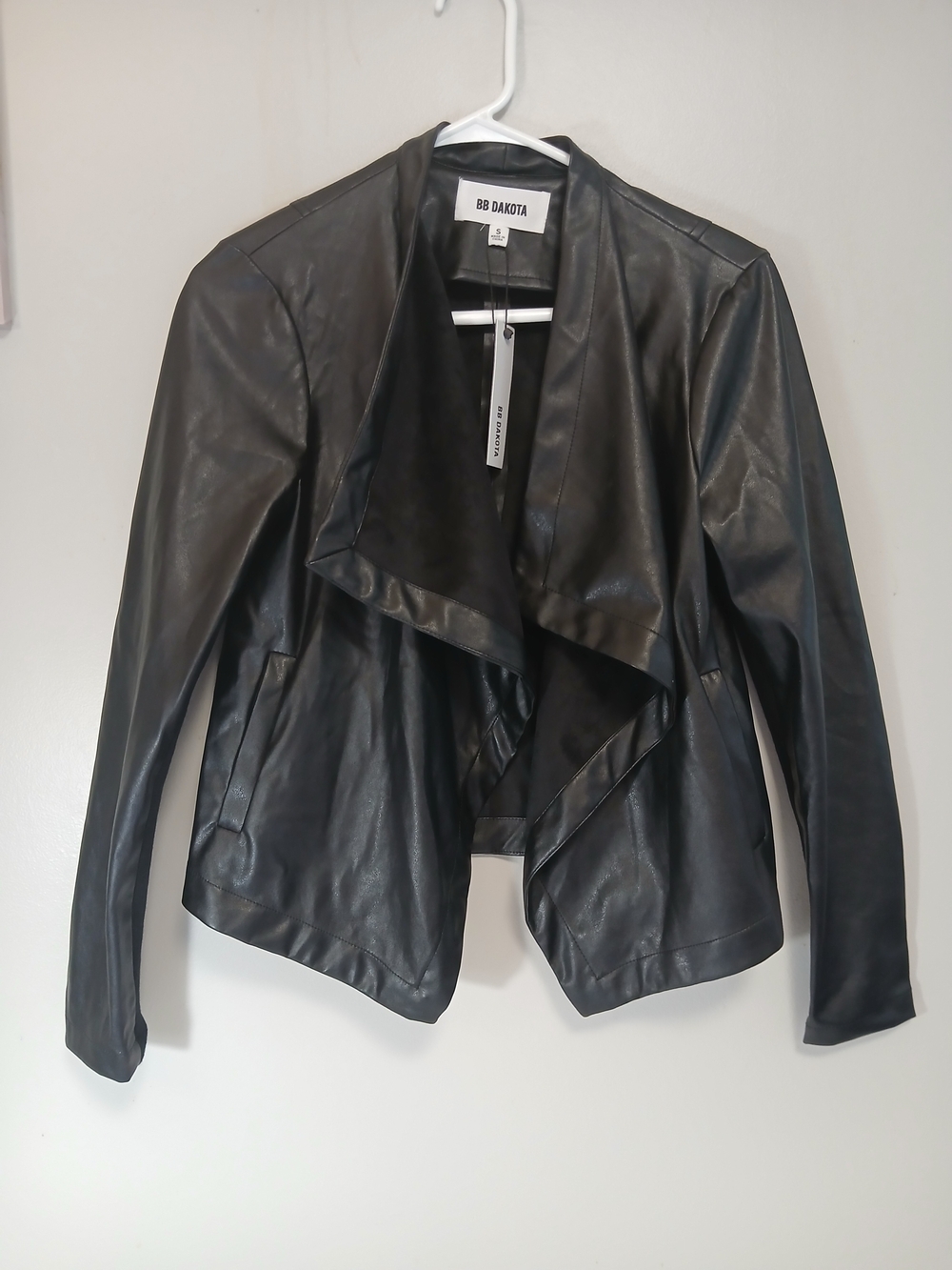 BB Dakota Black Faux Leather Open Draped Jacket